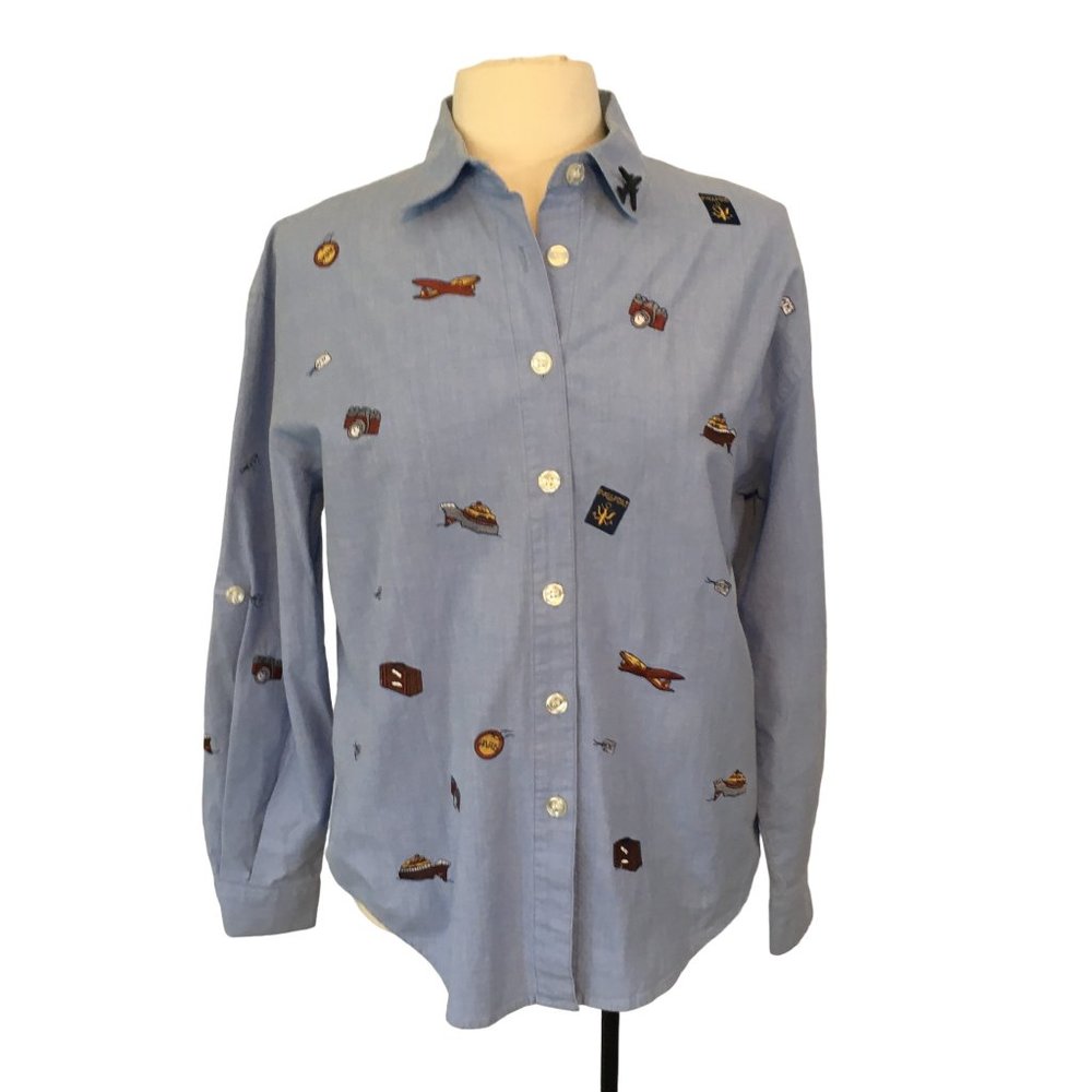 Teddi Womens‎ Blue Chambray Travel Embroidery Shirt, Airplane, Top, Blouse, S